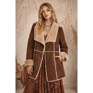 J Jill Womens Brown Vegan Faux Leather Suede Coat Jacket Sherpa Fur Lined Large
